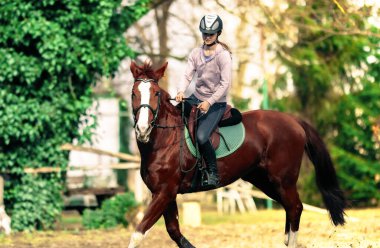 Genç ve güzel bir kız ata biniyor, Colofurll ve duygusal bir fotoğraf.