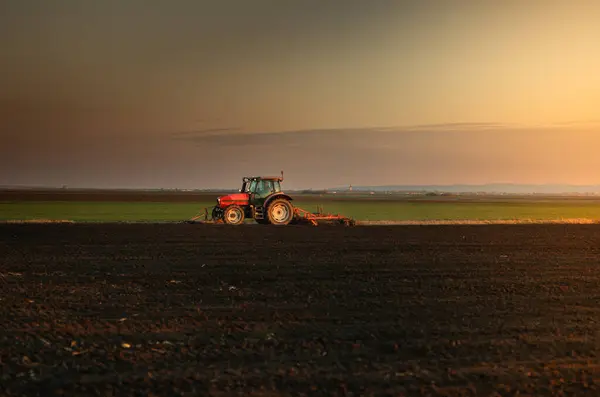 stock image Tractor plowing farm preparing soil for new crop plantation during the evening.