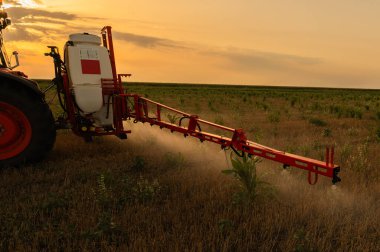 Bir traktör haşereleri ve yabani otları kontrol etmek için kimyasallar püskürtür.