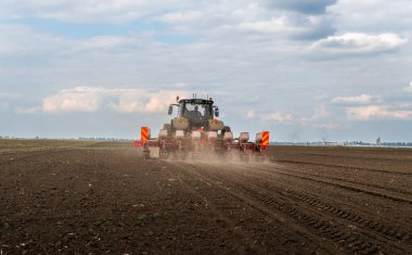 Traktör tohumu eken bir çiftçi. Tarım tarlasına ekin ekiyor. Bitkiler, buğday.