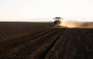 Traktör sürme çiftliği akşam yeni ekin ekimi için toprağı hazırlıyor..