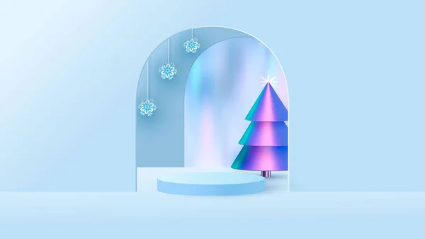 Kerst Achtergrond Met Podium Minimale Kerst Scene Met Kerstboom Sneeuwvlokken — Stockvector