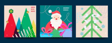 Mutlu Noeller ve mutlu yıllar tebrik kartları, posterler, tatil örtüleri. Modern Xmas tasarımı mavi, yeşil, kırmızı renklerde. Noel ağacı, toplar, hediyeler. Vektör