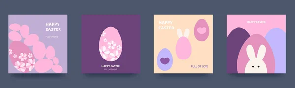 Feliz Páscoa Conjunto Cartões Geométricos Primavera Com Coelho Ovos Flores —  Vetores de Stock