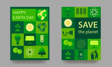 Poster asıldı. Dünya günün kutlu olsun. 22 Nisan. Dünyayı kurtaralım. Ekolojik temalı simgeler. Arkaplan, pankart, kartpostal, yazılı poster için şablon. Vektör illüstrasyonu