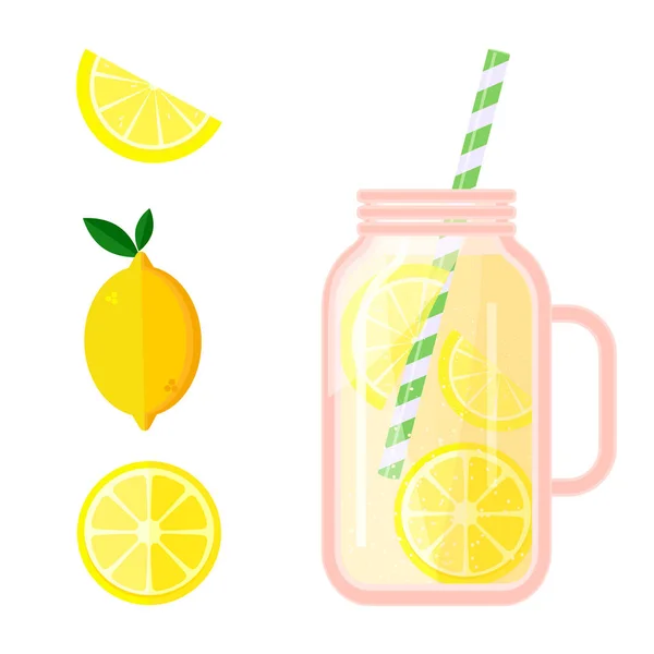 Fruit Juice Transparent Glass Jar Straw Tube Freshly Squeezed Lemon — Stock Vector