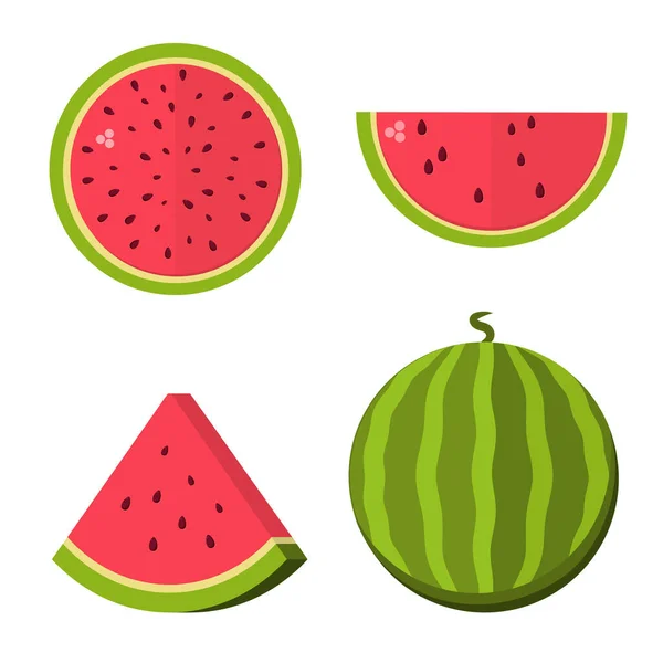 stock vector Cartoon fresh watermelon half, wedges and triangles. Piece of red watermelon. Fruit vector set. Flat style. Vector illustration.