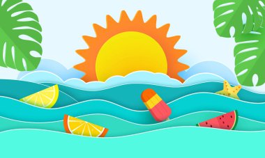 Sea waves and tropical leaves in paper art style. Poster with summer holidays in paper design. Vector illustration.