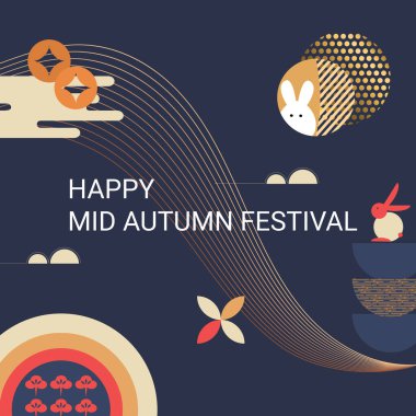 Geometrik tarz sonbahar festivali afişi, tebrik kartı, kapak, arka plan, pankart. Hafif arkaplan. Tavşan stili. Çince çeviri: Vektör illüstrasyonu