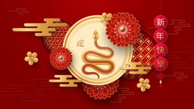 2025 Çin Yeni Yılan Yılında yılan, kasımpatı ve desenli şablon tasarımı. Çin Zodyak Yılanı 'nın çevirisi. Vektör