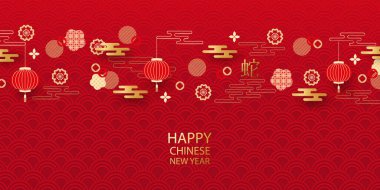 Çin Yeni Yılı 2025, Yılan Yılı, Zodyak. Çin Yeni Yıl afişi şablonu, çiçekler, bulutlar ve geleneksel desenler. Minimalist stil. Vektör illüstrasyonu