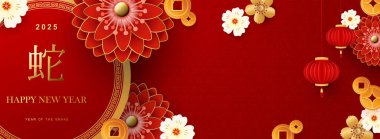 Mutlu Çin Yeni Yılı 2025, çiçekli yılan burcu, fenerli, desenli, bulutlu, kırmızı Asyalı elementler, arka planda kesim biçimli altın kağıtlar. Çeviri: Yılan 'ın yeni yılı kutlu olsun.