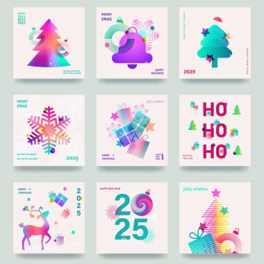 Renkli kartlar, el ilanları, 2025 yılının posterleri. Noel selamları. Modern minimalist tarzda. Değişik renkler. Vektör