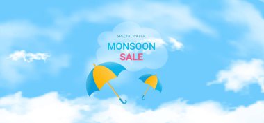 Bulutlarda uçuşan renkli şemsiyeli Great Mussoon tasarımı için poster şablonu. Vektör