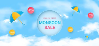 Muson Satışı, gerçekçi bulutlu ve gökyüzünde renkli şemsiyeli başlık şablonu sunuyor. Vektör