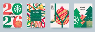 Bir dizi Noel ve yeni yıl kartı. Geçmişi anlatan resimler, tebrik kartları, parti davetiyeleri, afişler ve sosyal medya. Fırça darbeleri, Noel topları, ağaçlar ve 2026. Vektör illüstrasyonu