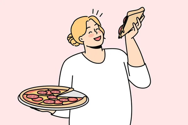 Feliz Mujer Con Sobrepeso Con Pizza Las Manos Disfrutar Comida — Vector de stock