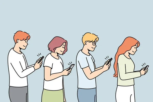 Young People Line Smartphones Hands Addicted Gadgets Men Women Addiction — Stock Vector