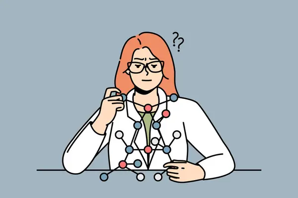 Uma Cientista Sentada Secretária Olha Para Modelo Moléculas Lady Laboratório —  Vetores de Stock