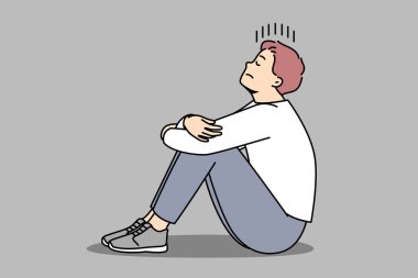 Mutsuz genç adam yerde oturup yalnızlık ve tekrarlanan düşüncelerden muzdarip. Stresli erkek depresyon ya da kaygı ile mücadele ediyor. Vektör illüstrasyonu. 