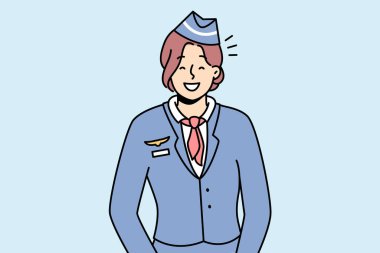 Portrait of smiling young female stewardess in uniform. Happy woman flight attendant feeling optimistic and positive. Occupation. Vector illustration.  clipart