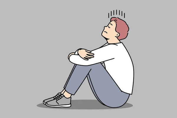 Mutsuz Genç Adam Yerde Oturup Yalnızlık Tekrarlanan Düşüncelerden Muzdarip Stresli — Stok Vektör