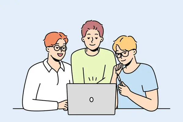 Χαμογελαστοί Άντρες Συνάδελφοι Κοιτάζουν Μαζί Την Οθόνη Του Υπολογιστή Ευτυχείς — Διανυσματικό Αρχείο