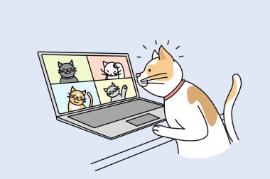 Bilgisayardaki kedilerle video görüşmesinde tatlı kedi sohbeti. Evcil hayvan, dizüstü bilgisayarda kedi yavrularıyla web kamerası sohbeti yapıyor. Teknoloji konsepti. Vektör illüstrasyonu. 