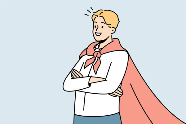 Uśmiechnięty Zmotywowany Mężczyzna Płaszczu Supermana Zadowolony Osiągnięć Lub Osiągnięć Szczęśliwy — Wektor stockowy