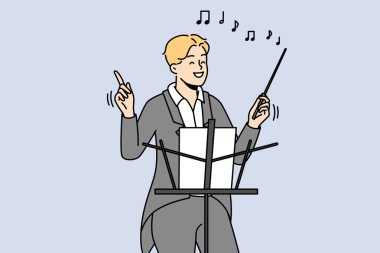 Resmi giyimli gülümseyen erkek kondüktör konser salonunda çalışan copu tutuyor. Sopa gösterisi yapan mutlu müzisyen ya da sanatçı. Vektör illüstrasyonu. 