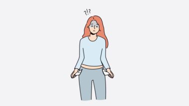 Hüsrana uğramış genç bir kadın iflastan muzdarip boş cepler gösteriyor. Stresli bir kız iflas ettiğini hisseder ve parası yoktur. Hareket illüstrasyonu. 