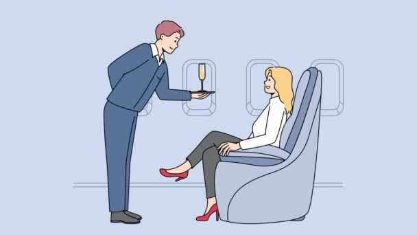Attentive Steward Serving Champagne Rich Woman Business First Class Plane — Stock Video