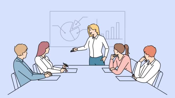 Ceo Patron Projesini Ofisteki Meslektaşlarına Sundu Kadını Diyagramlar Grafiklerle Sunum — Stok video