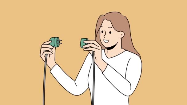 微笑的年轻女人把电源插头插在口袋里 快乐的女性找到了解决问题的办法 困境的解决 运动图解 — 图库视频影像