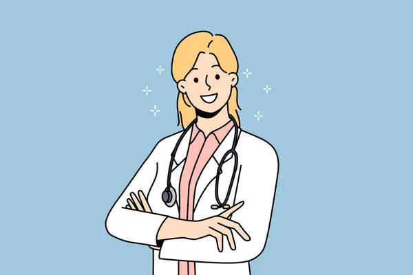 Médica Sorridente Uniforme Médico Branco Sente Positiva Otimista Mulher Feliz —  Vetores de Stock
