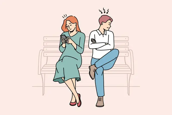 Sinirli Adam Cep Telefonu Mesajları Mesajları Kullanan Meşgul Bir Kadına — Stok Vektör