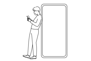 Genç adam dev bir akıllı telefonun yanında duruyor, elinde de ekranı var. Adam cep telefonunun yanında boş fotokopi makinesiyle poz veriyor. Vektör illüstrasyonu. 