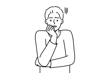 Endişeli genç adam korkmuş ve endişeli hissediyor. Mutsuz adam korkmuş ve şaşkın hissediyor. Duygusal kontrol ve zihinsel sorunlar. Vektör illüstrasyonu. 