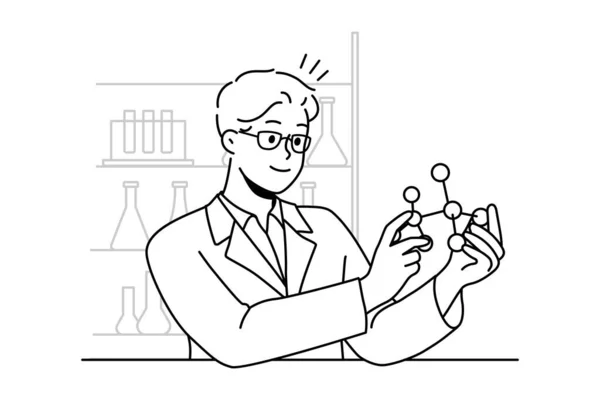 Cientista Masculino Sorrindo Trabalhando Com Modelo Atômico Laboratório Investigador Feliz — Vetor de Stock