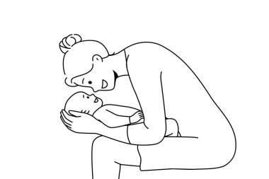 Sevgi dolu genç anne yeni doğmuş bebekle oynuyor. Gülümseyen anne, küçük şirin bebeğe sarılıyor. Annelik kavramı. Vektör illüstrasyonu. 