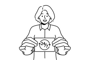 Elinde 24 saat hizmet gösteren gülümseyen bir kadın. Mutlu kadın hediye kartı, tüm gün yardım veya yardımla birlikte. Vektör illüstrasyonu. 