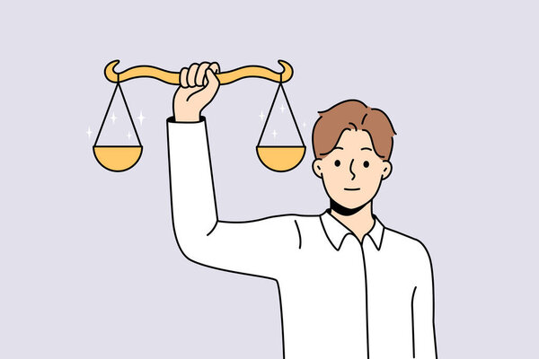 Man holding scales in hands showing balance. Male with weighs demonstrate justice and law. Human rights concept. Vector illustration. 
