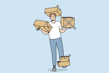 Kurye kollarında, bacaklarında ve kafasında eşyalar olan karton kutular taşıyor. Adam müşteriye paketlenmiş siparişleri teslim eder. Adam taşındıktan sonra eşyaları eve yerleştiriyor. Vektör ana hatları renkli izole edilmiş çizimler.