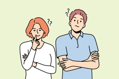 Genç bayan, erkek inançsızlık içinde yan yana durur. Guy, kızlar anlamaz, birbirlerine güvenmezler. Dünya görüşündeki farklılıklar, kültür, inanç, davranış, eğitim. Vektör ince çizgi çizimi.