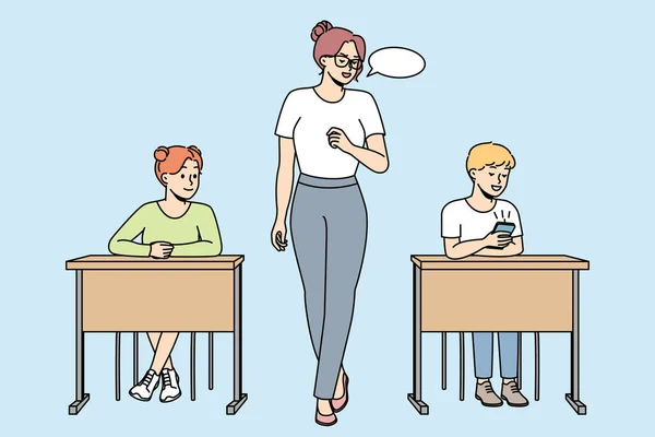 教師は教室で携帯電話を見ている学校のボーイに言及する 教師は 学校の授業でスマートフォンで遊ぶ生徒にコメントを与えます ベクトルアウトライン ブルーで分離されたカラフルなイラスト — ストックベクタ