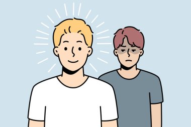 Mutlu adam üzgün olanın önünde duruyor. Kasvetli adam neşeli olanın peşinde. Oğlan, arkadaşının, komşusunun başarısını kıskanıyor intikam almak ve ona zarar vermek istiyor. Kazanan, kaybeden. Vektör özet çizimi.