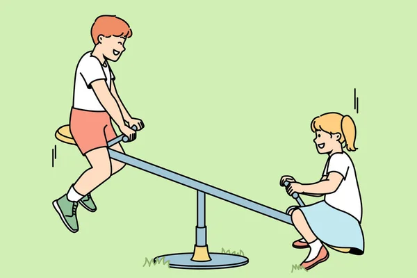 아이들은 여름에 놀이터에서 Teeter 토터에 잔디밭에서 시소에서 연주하는 아이들은 야외에서 — 스톡 벡터