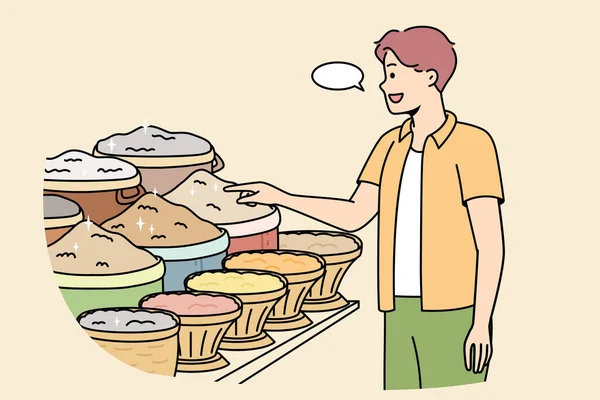 Muž Trhu Potravinami Ptá Cenu Koření Kupec Vybírá Ingredience Obědu — Stockový vektor