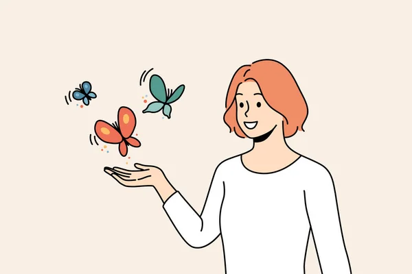 Lächelnde Junge Frau Mit Schmetterlingen Die Der Nähe Fliegen Glückliche — Stockvektor