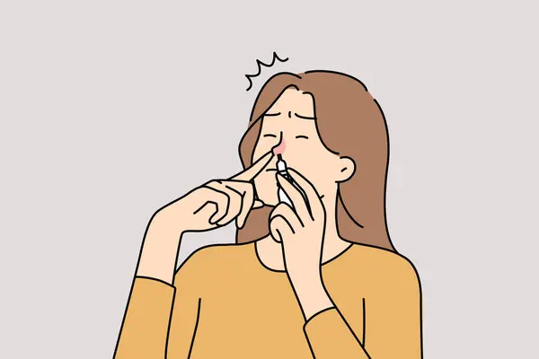 不健康的妇女患鼻炎时 用药物滴鼻涕 流鼻涕的不健康女性需要药物治疗 矢量说明 — 图库矢量图片